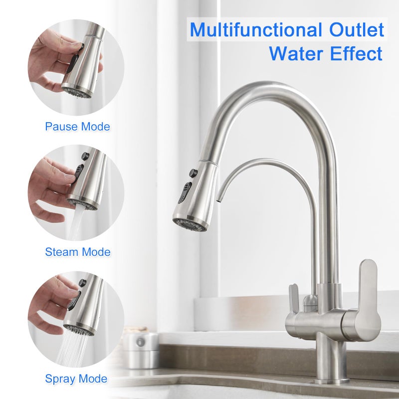 MENATT Filter Kitchen Faucet with Drinking Water Faucet, High Arc Pull Down 3-Way Kitchen Faucet, 3 in 1 Sink Cold and Hot Mixer Tap (Brushed Nickel) - Image 2